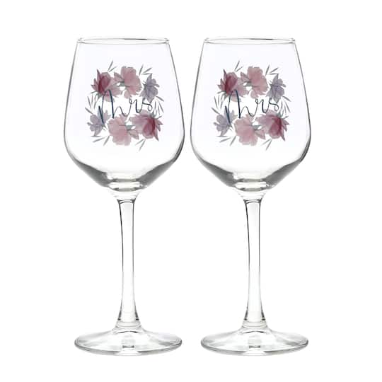 12oz. Mrs. &#x26; Mrs. Floral Wine Glass Set